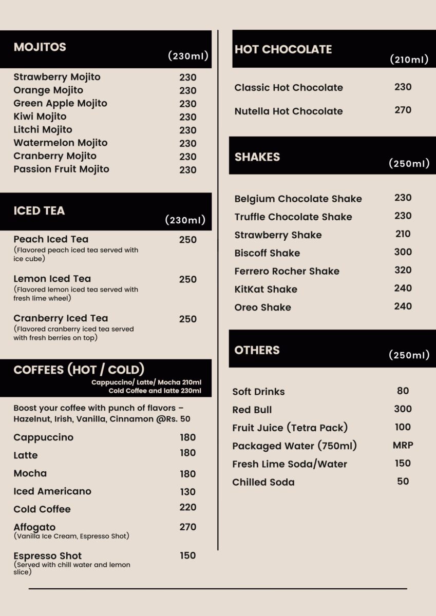 Aranyani Restaurant Soft Drink Menu Card